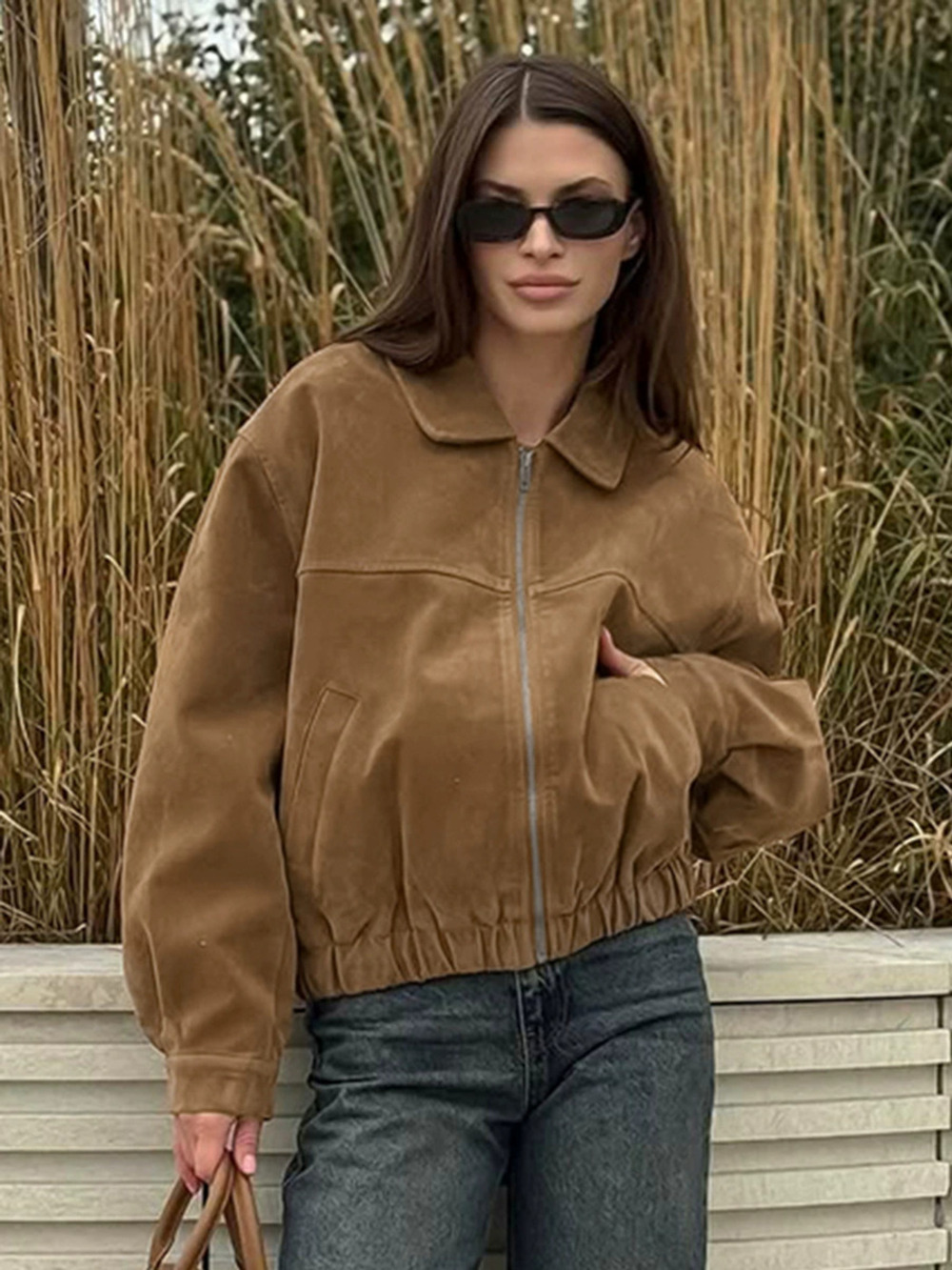 Forever 21 Suede Lapel Jacket Winter Khaki